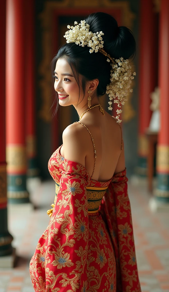 Masterpiece, Best Quality, High Resolution, High Details, Super Detailed, High Quality, Textured Skin, UHD, full body of Japanese wedding woman in kebaya dress traditional and batik skirt, looking at viewer, jewelry on hair, tiny strain white jasmine hair ornaments, ,((full body shot)),from head to toe,with a very big hair bun, (the size of her bun is 3 times the size of her head),very big very big hair bun traditional Javanese hair bun,(circle bun),shiny black hair,,laugh, ((looking back over shoulder ))Ultra-Wide Angle,on Javanese temple