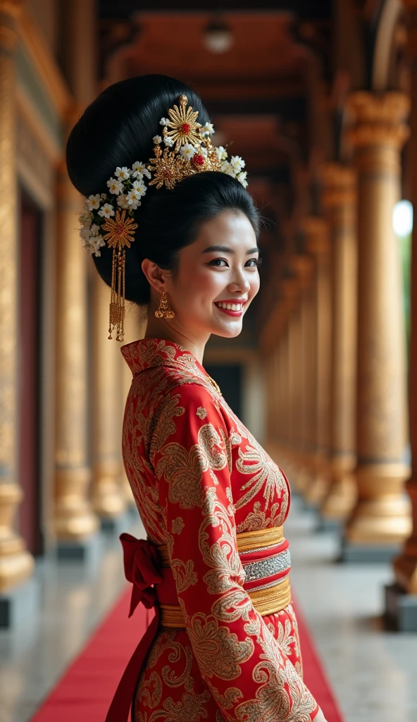 Masterpiece, Best Quality, High Resolution, High Details, Super Detailed, High Quality, Textured Skin, UHD, full body of Japanese wedding woman in kebaya dress traditional and batik skirt, looking at viewer, jewelry on hair, tiny strain white jasmine hair ornaments, ,((full body shot)),from head to toe,with a very big hair bun, (the size of her bun is 3 times the size of her head),very big very big hair bun traditional Javanese hair bun,(circle bun),shiny black hair,,laugh, ((looking back over shoulder ))Ultra-Wide Angle,on Javanese temple