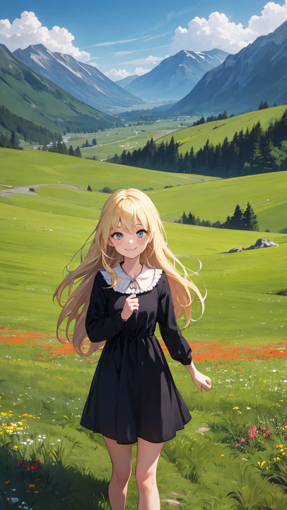 Cute 1 girl, , smile, slim, dress, Outdoor, Originally, Mountain々, grassland, Flowers, null, Floating Hair,A little distance away, facing away and reaching out,Blonde,Long Hair,Standing about 10 meters away,Don't tie your hair up