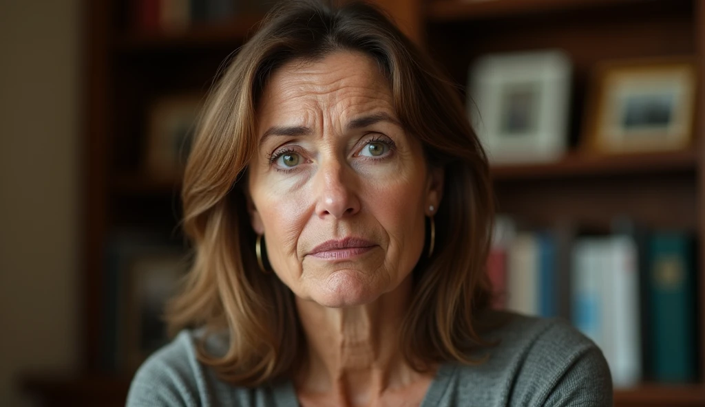 An ultra-realistic portrait of a mature woman in her 40s, with light brown hair and expressive eyes that reflect worry and weariness. Her face shows signs of mourning and apprehension. She is wearing a simple neutral-colored blouse. She must be looking at the camera.

The woman is in a home office, with bookshelves and family photos in the background. The environment should be visible, but blurred so as not to distract from the main subject.

The lighting should be soft and diffused, with warm light coming from above, creating subtle shadows that accentuate the woman's worried expression. The light should highlight the eyes and the texture of the skin, emphasizing the seriousness of the situation.

The image should convey a sense of concern and apprehension, with a touch of tension. Suggest a warm color palette, such as browns and golds, that complements the warm atmosphere of the office.

The photo should be of high quality, with 8k rendering and extreme detail, maintaining the desired atmosphere and capturing the emotional essence of the moment.