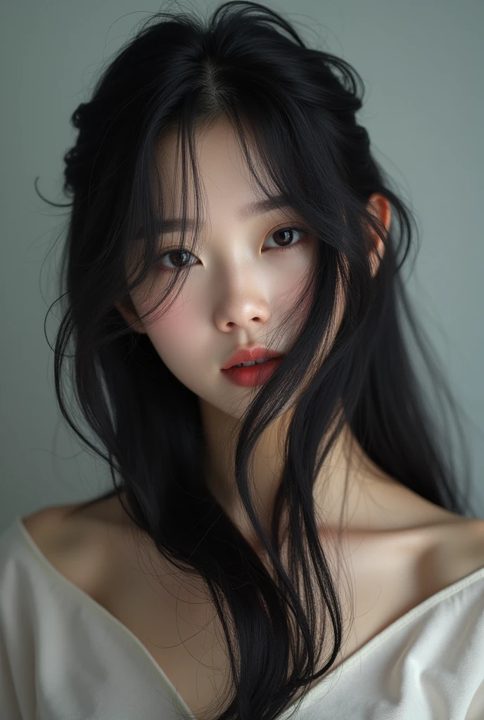 A Korean girl taking selfie of her hair from close