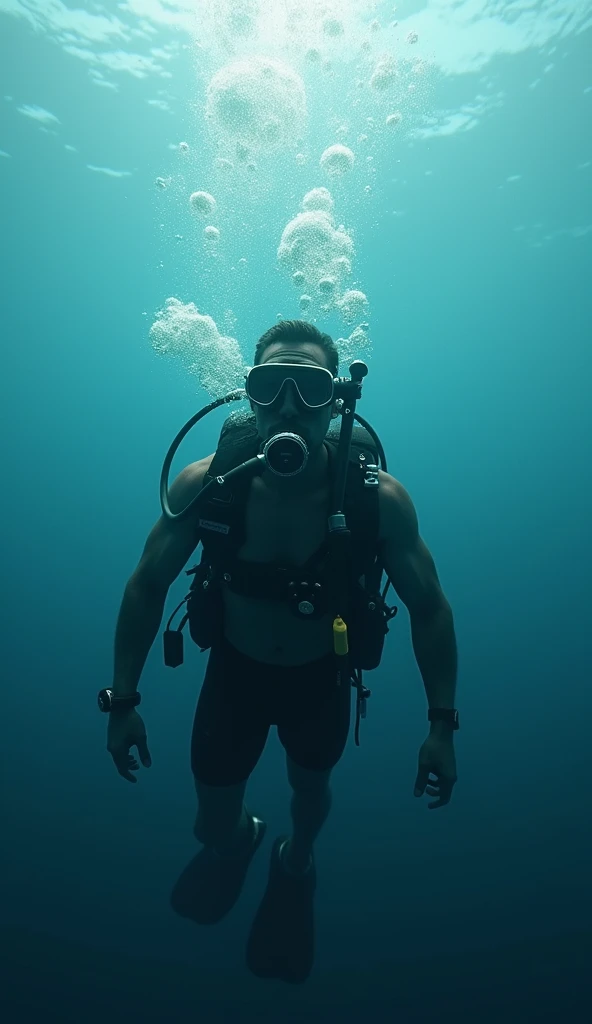 man diver, looking straight ahead, wearing a diving mask in the ocean.