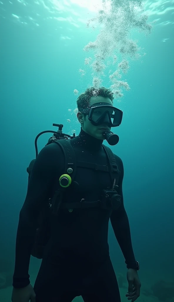 man diver, looking straight ahead, wearing a diving mask in the ocean.