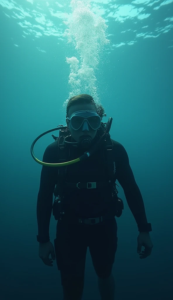 man diver, looking straight ahead, wearing a diving mask in the ocean.