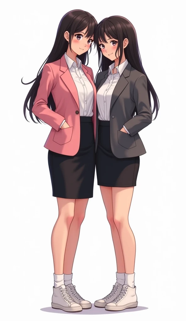 Two young womens, long black hairs, yuri, same height, lesbian.

The first young women wear a pink suit jacket, white shirt, black pencil skirt 14 cm, black underpants, white socks, white sneakers high top.

The second young women wore a grey suit jacket, white shirt, black pencil skirt 14 cm, black underpants, white socks, white sneakers high top.

walking, smiled, white background, novel cartoon, 4K, HD.