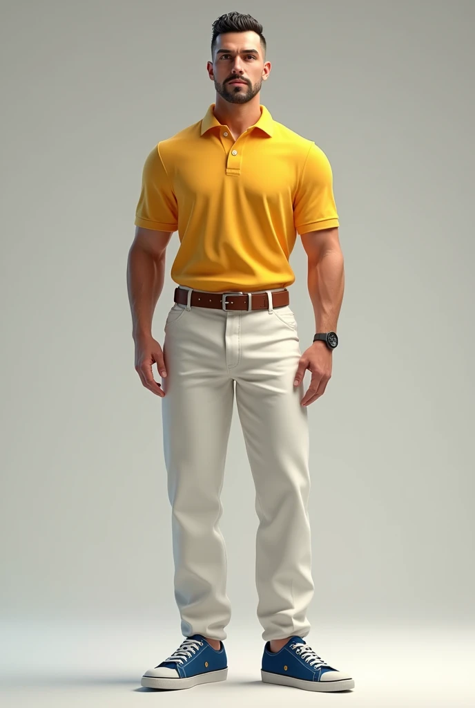 Professor Petterson stands confidently in a model-like pose, exuding a blend of strength and approachability. He is white European  has a medium build, neither too bulky nor too slender, with a solid and well-proportioned physique that gives him a sturdy appearance. Dressed in his classic outfit— a yellow polo shirt that fits just right, white pants that complement his look, a brown belt, and blue sneakers—he strikes a pose that highlights his balanced frame. 

His short, tightly curled hair is styled in a neat military cut, and his well-maintained goatee adds a touch of sharpness to his face. Petterson’s expression is calm yet assertive, and his posture is straight, with his shoulders back and head held high, projecting confidence and a quiet strength. This pose captures his essence as a capable and reliable figure, ready to take on any challenge with a composed demeanor.