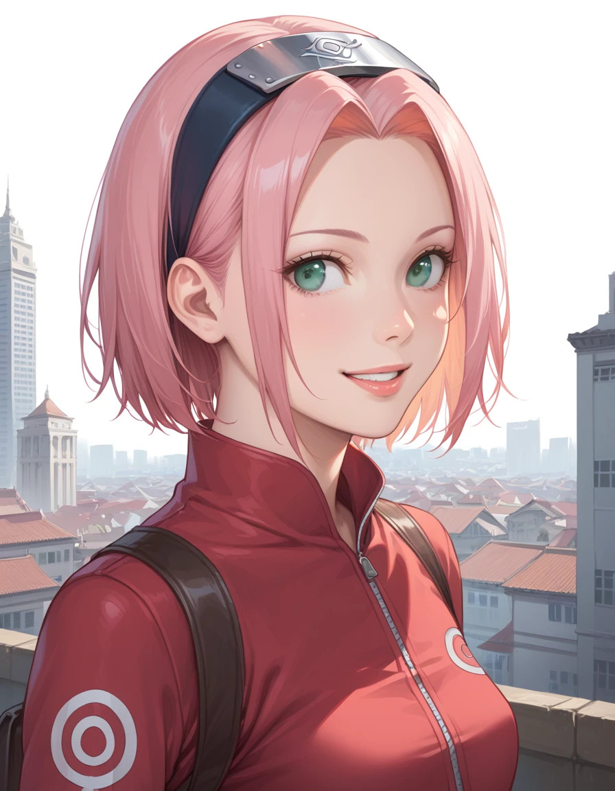 (score_8, score_8_up,source_anime,masterpiece,highest quality,Perfect Anatomy,Exquisite detailed:1.1)(realistic skin:1.5)Solo,haruno sakura,pink hair,short hair, green eyes, forehead protector,small breasts,smile,looking away,city,upper body