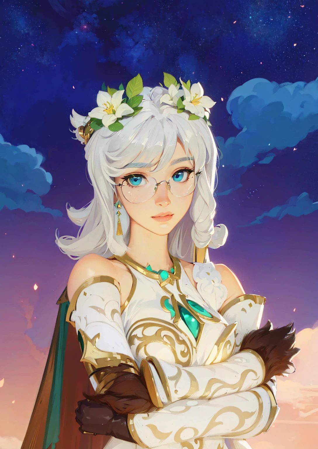 ((Best Quality, 8K, Masterpiece: 1.3)), best quality, ultra high res, texture, hyper realistic, masterpiece, detailed texture, detailed face, detailed skin, detailed lighting, (photorealistic:1.5), best quality, beautiful lighting, cinematic lighting, professional lighting, ultra highres, realistic, a woman in a white dress and a crown standing in the sky, portrait knights of zodiac girl, wearing one pair of glasses, the goddess artemis smirking, lady palutena, botw style, fey queen of the summer forest, beautiful celestial mage, portrait of a female mage, palutena, portrait of an elf queen, avatar image, official character art, genshin impact character