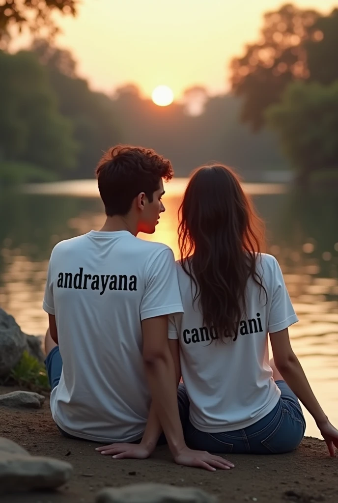 A woman and a man wearing white t-shirts with the words "Andrayana ❤candani "was sitting looking at the rock near the river at dusk, looking at the camera