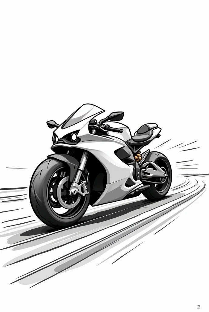 Please, Create a black and white drawing of a stylized motorcycle, with curved lines and rounded shapes. The motorcycle should be in motion with speed lines and a simple background of a road, leaving room for kids to add a biker or traffic signs