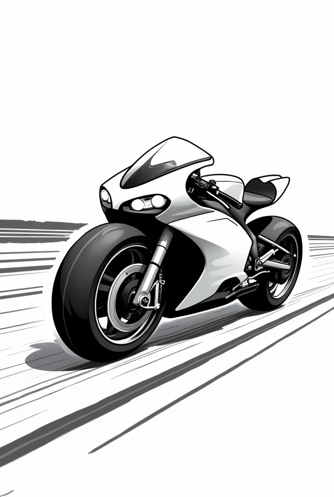 Please, Create a black and white drawing of a stylized motorcycle, with curved lines and rounded shapes. The motorcycle should be in motion with speed lines and a simple background of a road, leaving room for kids to add a biker or traffic signs