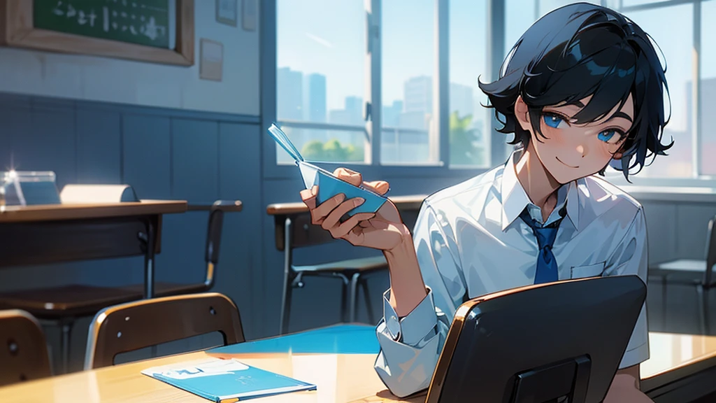 A very cool high school boy in a school uniform、smile、Drinking coffee at a cafe、Black Hair、Short Hair、White shirt and tie、Blue sparkling eyes、One person、solo、Retro anime style