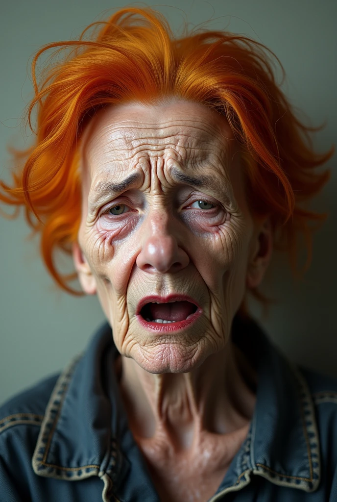 An old lady with no wrinkles and orange hair crying 