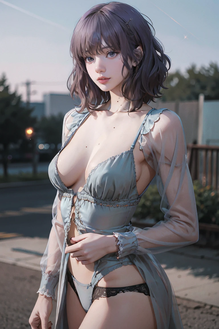 Highest quality, masterpiece, Ultra-high resolution, (Realistic:1.4), RAW Photos, Aesthetics and atmosphere, Dark Shot, Film Grain, Soft Focus, Bokeh, Night Shots, masterpiece realistic volumetric light,,One girl, Purple eyes, Gray Hair, Curly Hair, Grin, (freckles:0.8), thigh, Medium chest, Upper Body, (Sparkling:1.3) Sequined Mini CNS Dress, (panties),ray tracing reflection, Desert street, path, City lights, Beautiful sky, Relying on the wall, From the side,NSFW,Large Breasts, Small waist