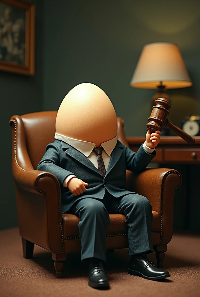 An egg lying on the couch with a gavel in the right hand in a therapy session with Froyd
