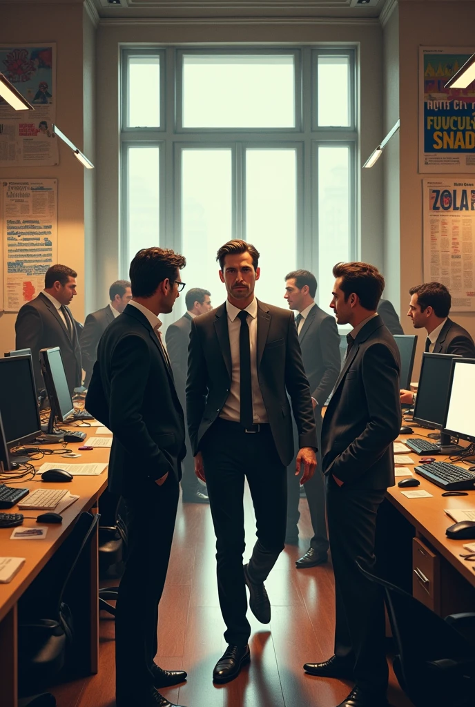 Journalist Fabiano Golgo walks through the newsroom of a magazine called Double Standard, located in Prague, talking to his team of Czech reporters.