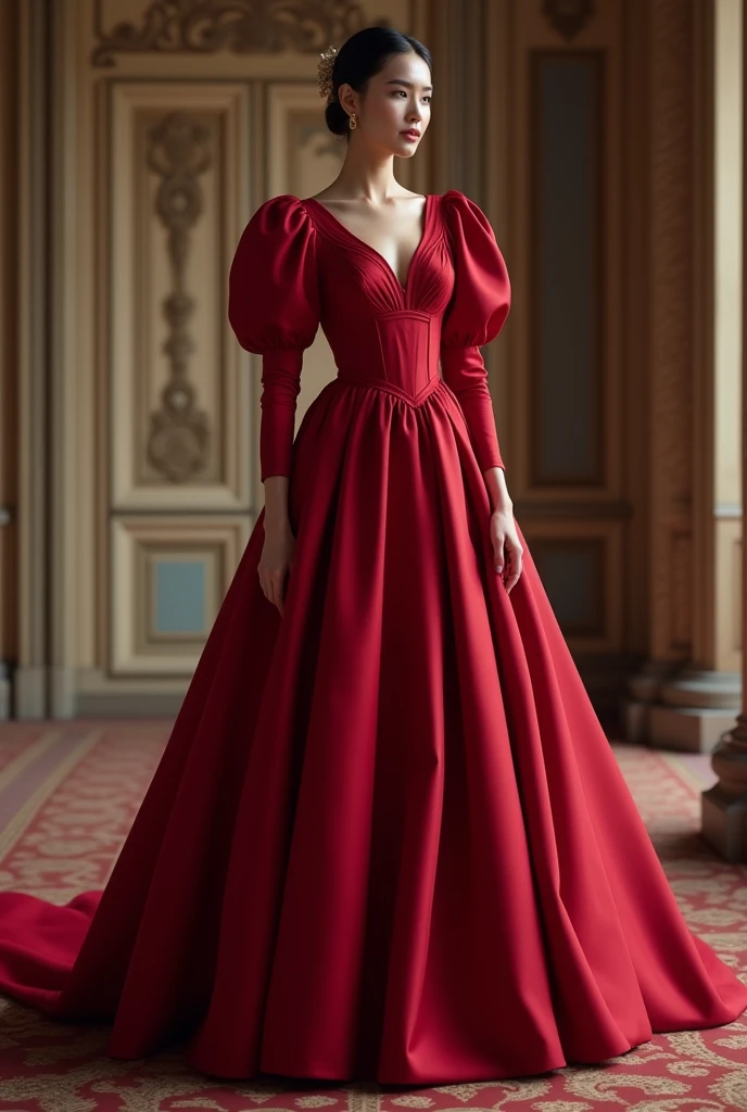 Imperial princess dress, defined waist, straight cut and puffed sleeves in red 