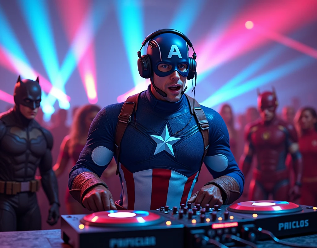 A DJ dressed in a realistic Captain America costume , emblem on the chest and the shield, is positioned in a modern DJ booth. He is wearing a large headset over his head, focused on mixing music, with an expression of concentration and enthusiasm. Ao redor dele, on a dance floor lit by pulsating lights and colored lasers, other superheroes are enjoying the party. Green Lantern dancing in his green costume; a Batman in a mask and black cape, Leaning casually against a wall; and a Flash in his red and gold costume, talking animatedly with a Green Lantern. The atmosphere is full of energy, with heroes blending into the crowd, some dancing, others taking pictures, everyone celebrating in a lively and vibrant environment . The lighting highlights the figure of DJ Captain America, with rays of blue and red light creating a dramatic and festive effect."