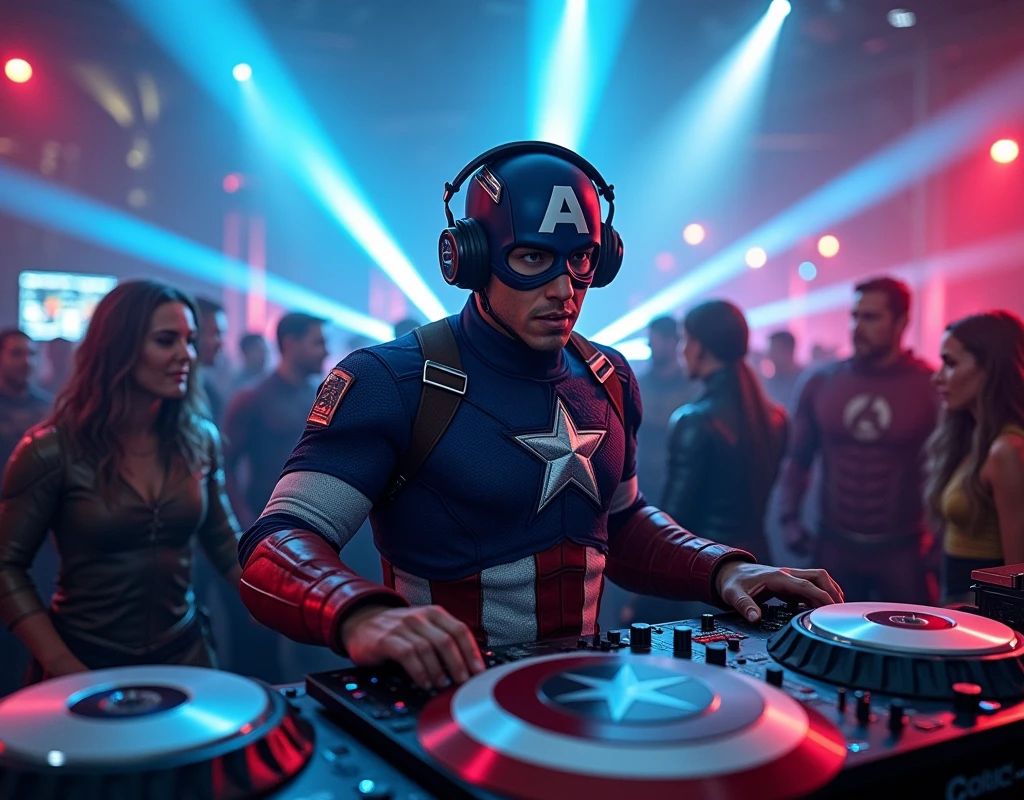 A DJ dressed in a realistic Captain America costume , emblem on the chest and the shield, is positioned in a modern DJ booth. He is wearing a large headset over his head, focused on mixing music, with an expression of concentration and enthusiasm. Ao redor dele, on a dance floor lit by pulsating lights and colored lasers, other superheroes are enjoying the party. Green Lantern dancing in his green costume; a Batman in a mask and black cape, Leaning casually against a wall; and a Flash in his red and gold costume, talking animatedly with a Green Lantern. The atmosphere is full of energy, with heroes blending into the crowd, some dancing, others taking pictures, everyone celebrating in a lively and vibrant environment . The lighting highlights the figure of DJ Captain America, with rays of blue and red light creating a dramatic and festive effect."