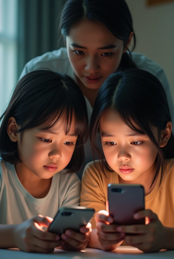 two Indonesian sisters, one chubby, both absorbed in their gadgets, with their short-haired mother nearby looking upset and angry, (best quality,4k,8k,highres,masterpiece:1.2),ultra-detailed, photorealistic