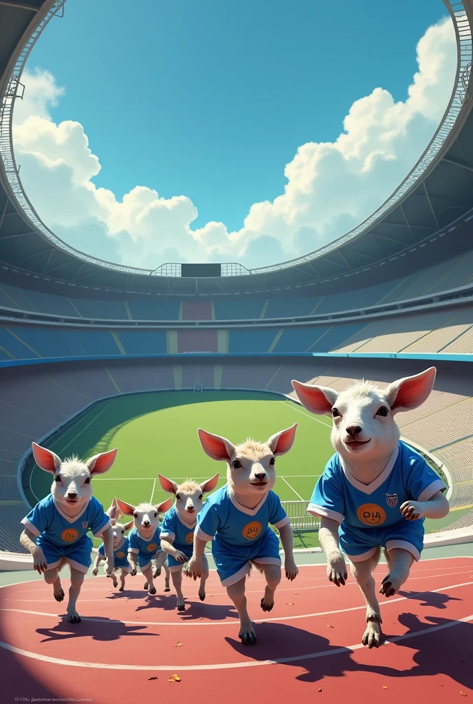 Crée-moi vu du ciel le Vélodrome avec 11 chèvres avec des maillots de Marseille