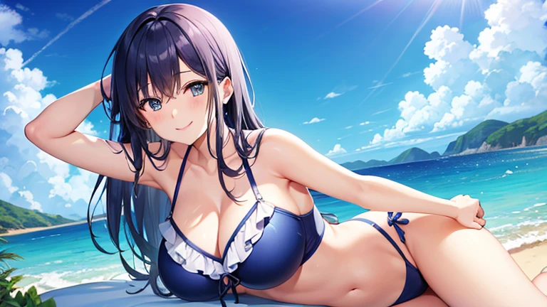 Blue sea and sky in the background、Please draw a scene of a woman wearing a two-piece swimsuit relaxing on a swim ring.。She smiles、Enjoying the summer sunshine while being rocked by the waves。In the background、Sandy beaches and seaside scenery。