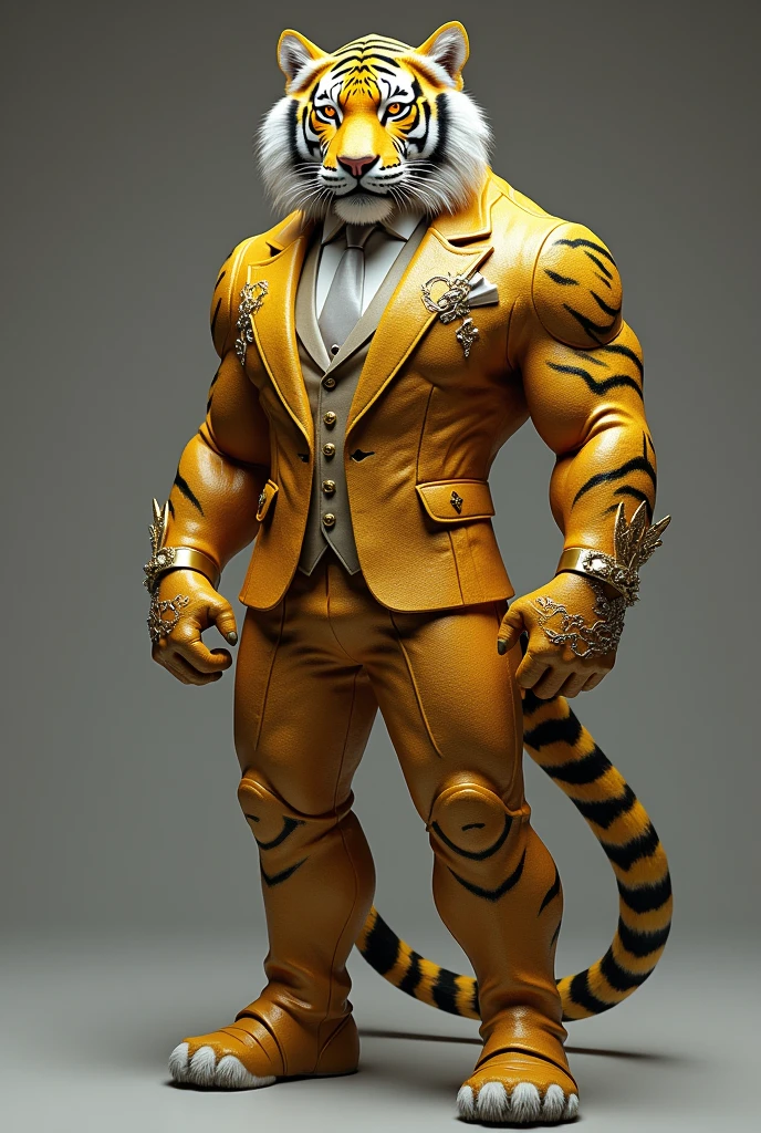 a tiger man wearing suit .color used gold and silever