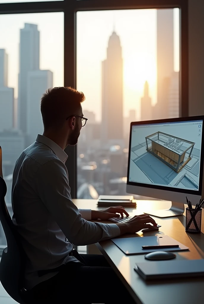 Create an architect on the computer by rendering from behind on the computer