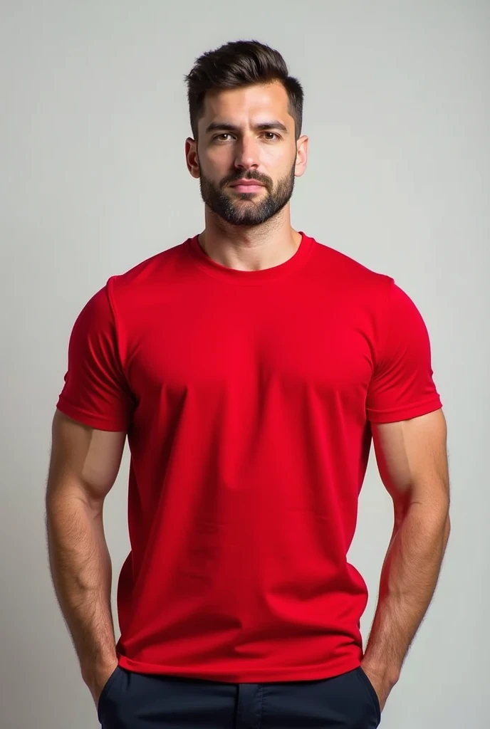 a man standing with a red t-shirt mockup