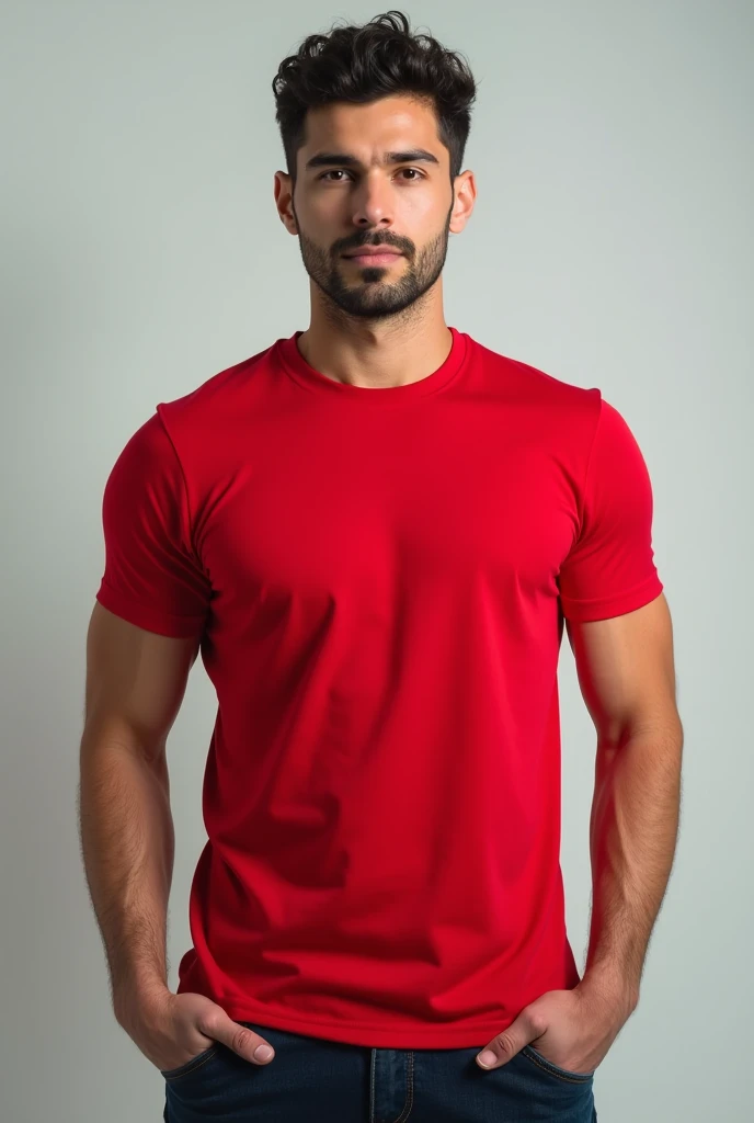 a man standing with a red t-shirt mockup