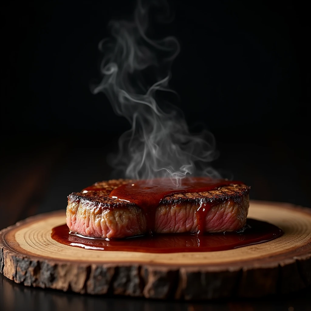 Steak recipe clean picture realistic food, steaming hot, peppercorn sauce on top of the steak and dripping off the side of the steak, on rustic wood floor, placed on a dark background, medium contrast
