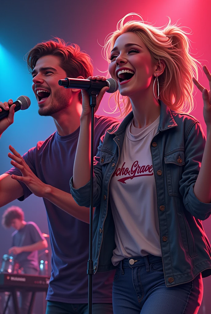 brown male and female singer singing pop techno, yelling: 1, lights: 1.5, hair stuck, hair blonde: 1.3, (holding microphone: 1.2), Shirt with Echo Grace written on it, comely, red and blue, Face ultra detailed, band playing keyboard and drums in the back detailed, praising God, feeling the presence of God.