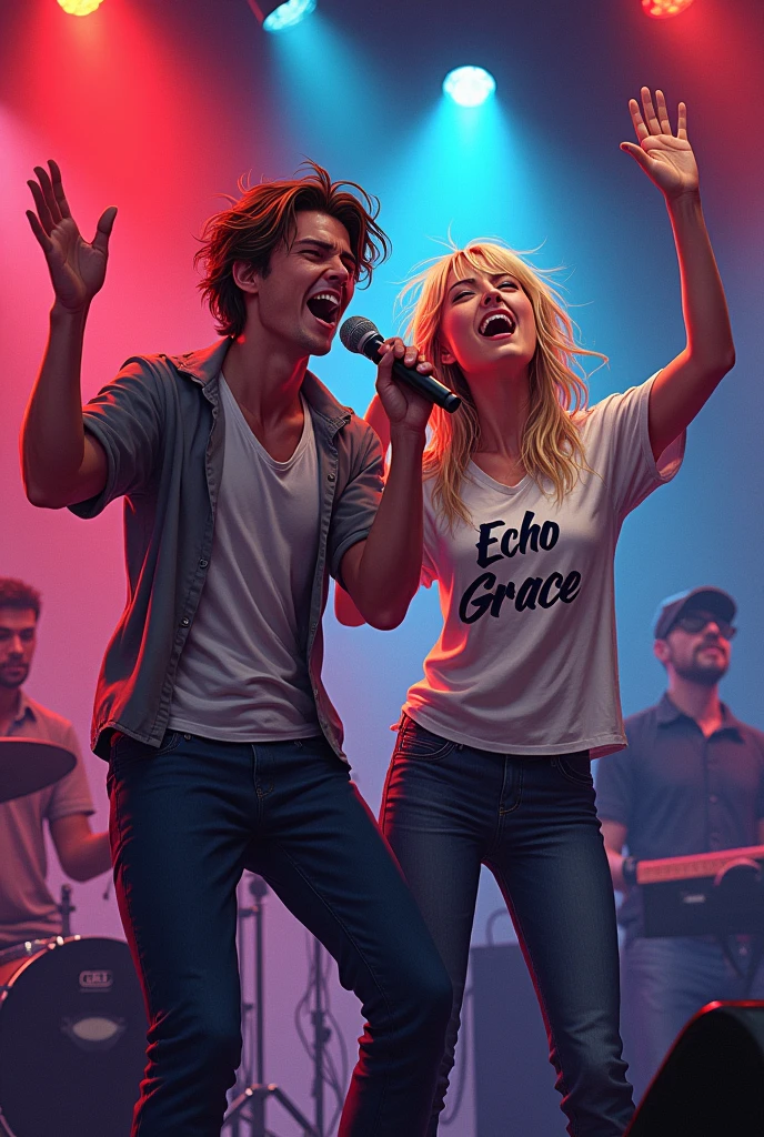 brown male and female singer singing pop techno, yelling: 1, lights: 1.5, hair stuck, hair blonde: 1.3, (holding microphone: 1.2), Shirt with Echo Grace written on it, comely, red and blue, Face ultra detailed, band playing keyboard and drums in the back detailed, praising God, feeling the presence of God.