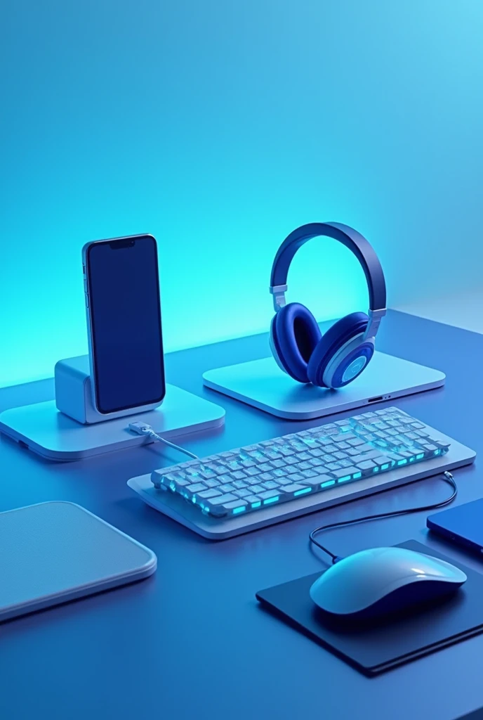 phone accessories, chargers, headphones, cell phone cases, keyboard, mouse, speakers, cables, bluish background color and that had a technological theme and was not so realistic.