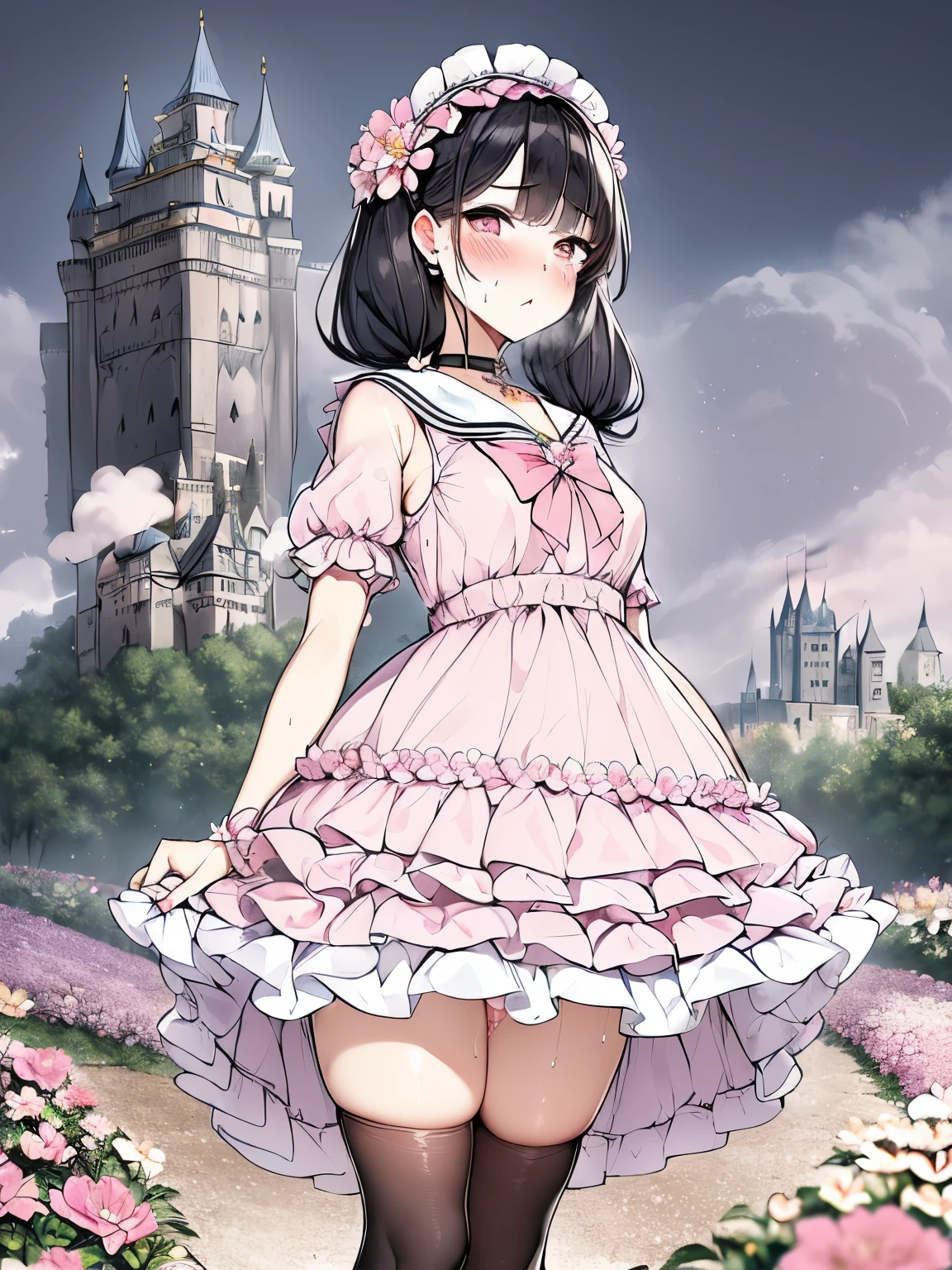 masterpiece, Highest quality, High resolution, One girl, Fluffy dresses, Sailor collar, Headdress, Lace panties, Detailed face, blush, Anime CG style, (Small breasts), Black Hair, Twin tails, Good lighting, Perfect body, whole body, Erect nipples, pink bow, jewelry, bow, heart brooch, choker, brooch, heart, earrings, hair pink bow, (Sweaty skin:1.4),(Embarrassing,blush:1.5),(vapour:1.3),((Pussy juice stain))Glossy Lips, garden, cold, Black Pantyhose,(A flower garden with a castle in the distance:1.5)、Standing still、From below