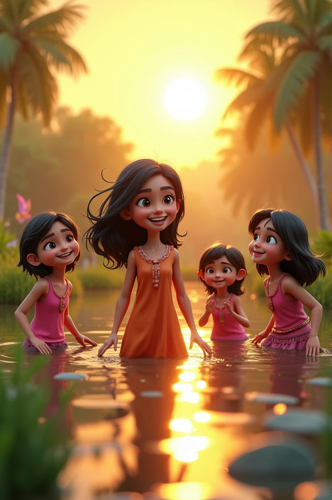 3D cartoon animation  
 Radhika with Friends Celebrating:

Prompt: Radhika and her friends, wet but joyful, celebrating after the flood has subsided. They are smiling and playing near the now calm pond, with the sun setting in the background, creating a peaceful and triumphant mood