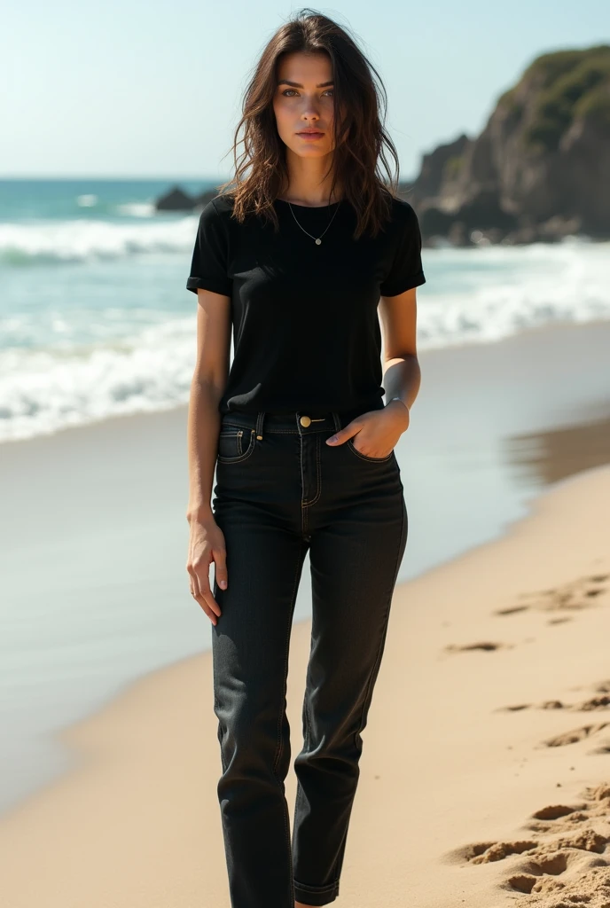 A beautiful woman wear black t-shirt, black jeans and black shoes in beach