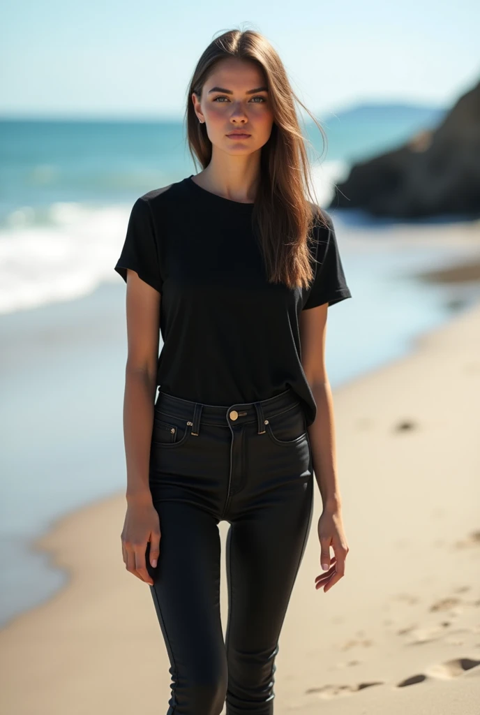 A beautiful woman wear black t-shirt, black jeans and black shoes in beach