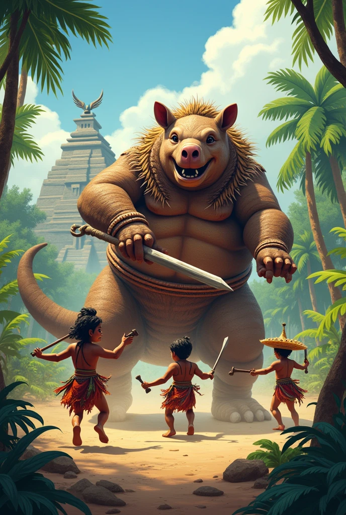 Create a group of pre-Hispanic thieves fighting a brown armadillo, uses a semi-realistic style, cartoon,Fantastic