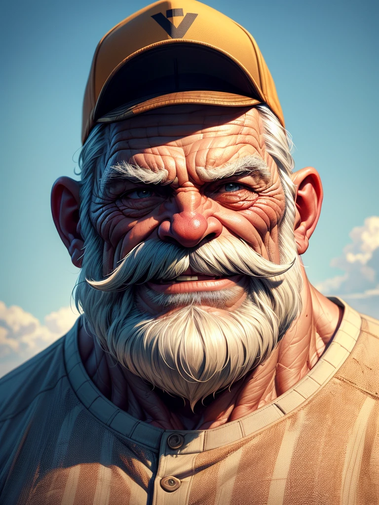 a portrait of an old man wearing a shirt, upperbody, standing in fields, (mwvector), baseball cap, vector, thick mustache, long beard, 8k, high quality, photorealistic, detailed wrinkles, detailed facial features, detailed texture