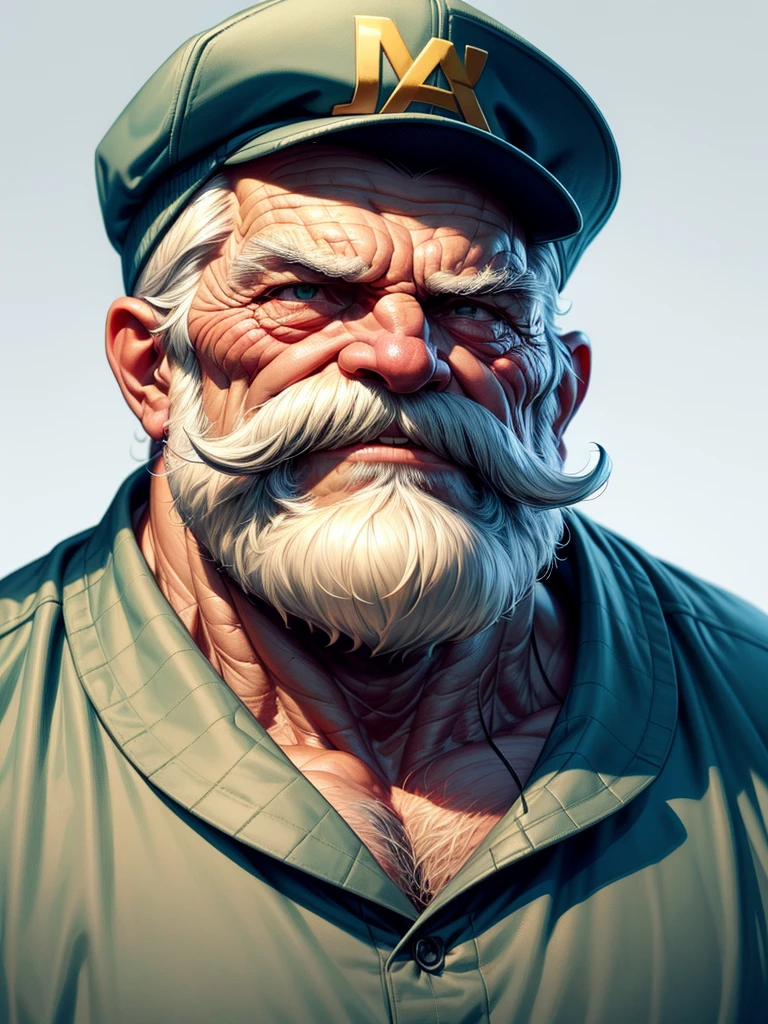 a portrait of an old man wearing a shirt, upperbody, standing in fields, (mwvector), baseball cap, vector, thick mustache, long beard, 8k, high quality, photorealistic, detailed wrinkles, detailed facial features, detailed texture