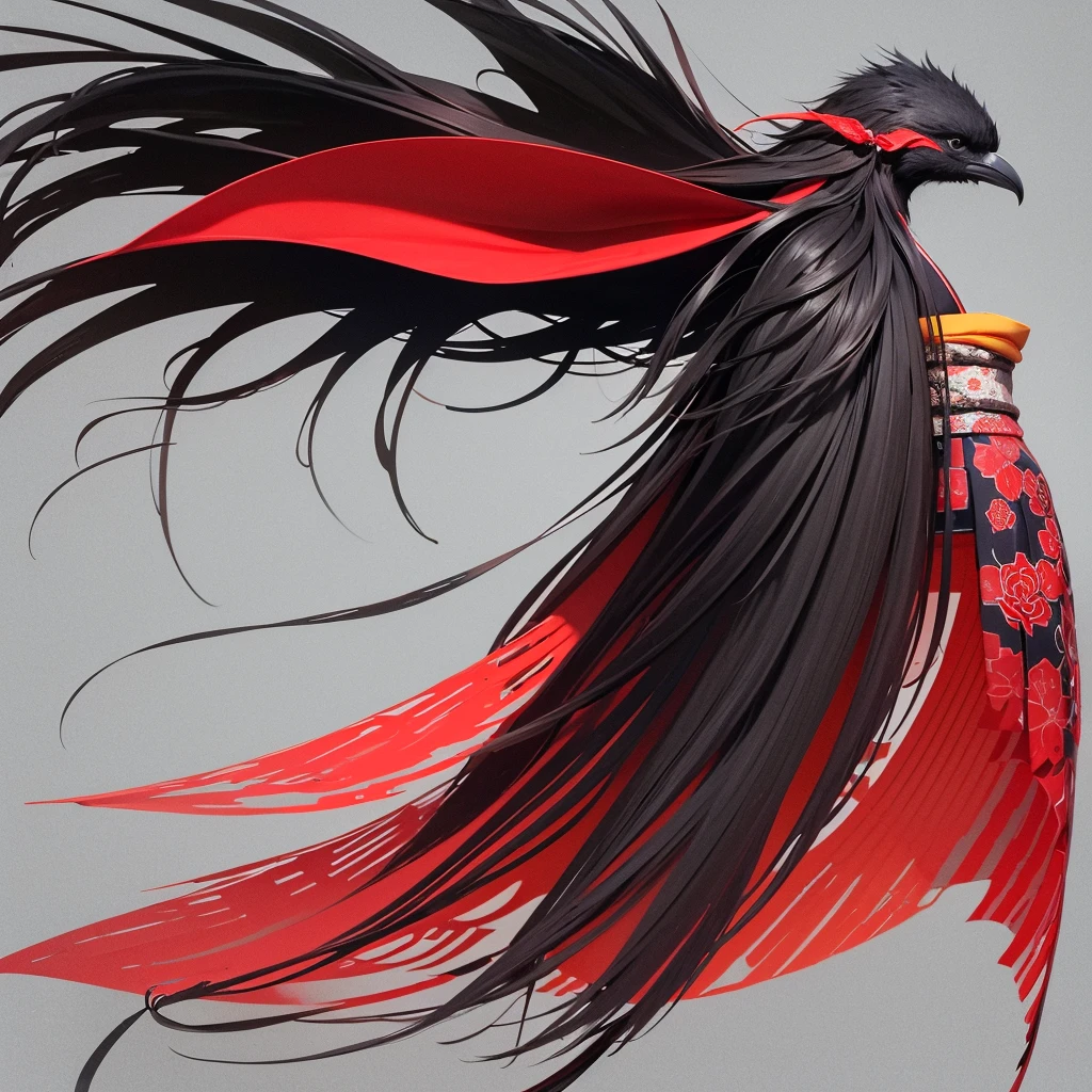 (masterpiece, highest quality:1.2), One men's, alone, (junihitoe:1.2), (12 layered kimono:1.2), (very long straight black hair:1.2), (no hair ornaments:1.2), red karaginu, court crest print, open hiogi, purple-red hakama, white mo-skirt, red bodered strip, hole body, From diagonally ahead, from front, from side, simple Background, blank background, CROW