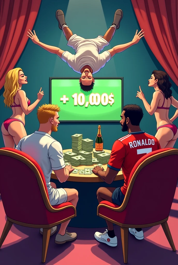 Créer une image pour le paris sportif . Il est censé y avoir deux homme sur la photo et des femmes en bikini, un de race blanche et blon et l autre de race noire. est' un porte une tenue de tennis et l autre porte une tenue de foot avec ecrit sur le maillot floqué RONALDO avec le numero 7 que dans le dos du maillot . Devrait-il porter une magnifique pièce d'argent. Dans la main gauche, il devrait avoir une raquette de tennis et l autre un ballon . sur l'image, vous devriez voir une tele avec du sport en arrière-plan , il devrait y avoir des liasses de billets partout dans la piece , il devrait y avoir des fauteuils de roi dont lequel sont assis les deux hommes rester, et le tout devrait être en dessin animé et bien mettre une personne de race blanche et l'autre de race noire. , La personne blanche est blonde sans barbe , les deux hommes sont vue de dos , au dessus de la tele il doit il y avoir marqué + 10000$ et un des deux hommes saute de joie et il doit aussi avoir du champagne sur la table. l homme de race noire doit avoir une moustache et un peu de barbe et l homme de race blanche n a pas du tout de barbe et il doit y avoir des femmes sexy dans la piece