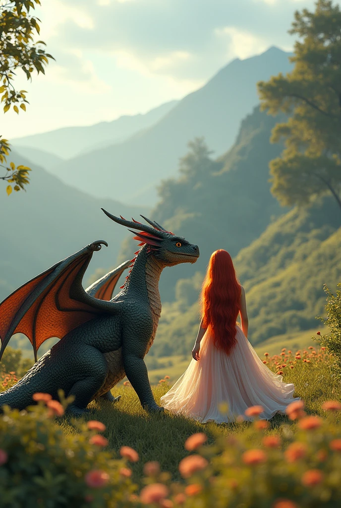 I want a landscape with a dragon and a princess and it should be realistic, not too animated., They are both friends and the princess is a redhead so they are further away