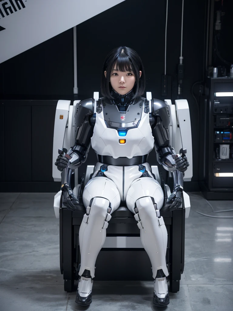 Japanese female android,Black Hair,He is completely secured to the chair with a thick belt.,Plump,Slightly thicker,Squat,White robot suit,There is a control panel on the chest.,Robotic arms and legs,A room surrounded by machines,