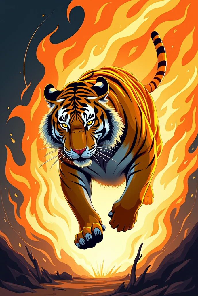 A Stylized vector art yellow tiger LEAPING ON A STYLIZED FLAMES