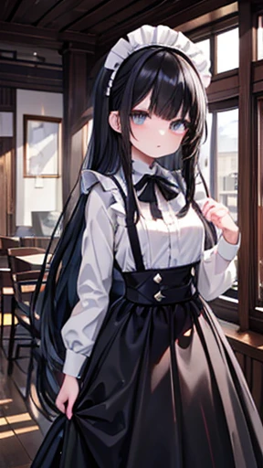 ,girl,Best image quality,,Black Hair,,Grey Eyes,,White skin,Long Hair,Straight hair,Western-style building,indoor,universe,Maid clothes,Black tea,Frills,,