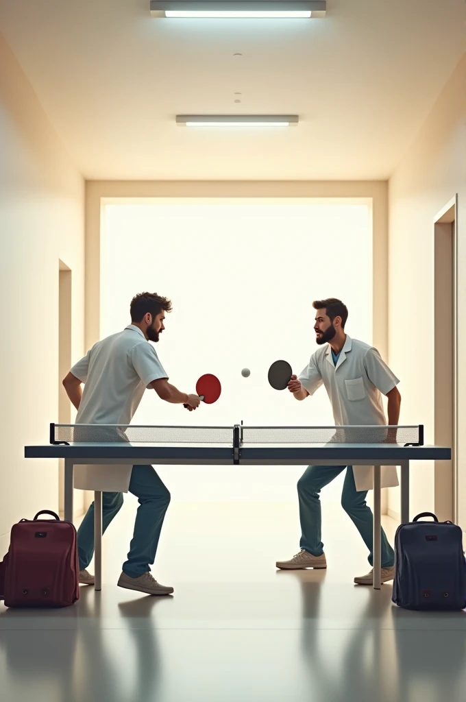 Two boys with beard playing table tenis in a hallroom wearing apron.The room background is white,two bag beside them,they are doctor.
