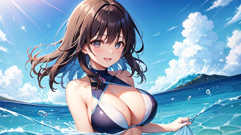 A woman wearing a separate swimsuit、Please draw an illustration of someone playing in the ocean while holding on to a swim ring.。The woman is laughing cheerfully、Having fun in the crystal clear water。In the background、It depicts the blue sea and a slightly rippling water surface.。