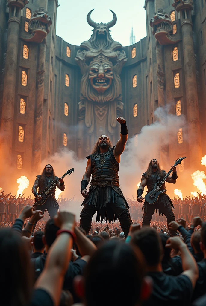 A heavy metal band consisting of Vikings without horns on their helmets, they play a huge concert